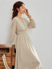 floral print dress Elegant  puff sleeve a line v neck sash dress High waist work wear office lady dress