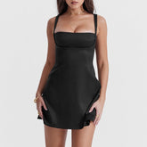Black Square Neck Satin Mini Dress