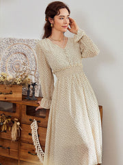 floral print dress Elegant  puff sleeve a line v neck sash dress High waist work wear office lady dress