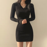 Retro Knitted Mini Bodycon Solid Color V-Neck Long Sleeve Wrapped Hip Dress Autumn Winter Slim Sweater Vestido Fall Dress