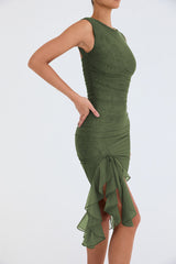 Green Sleeveless Backless Ruffle Midi Dress