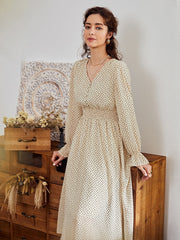 floral print dress Elegant  puff sleeve a line v neck sash dress High waist work wear office lady dress