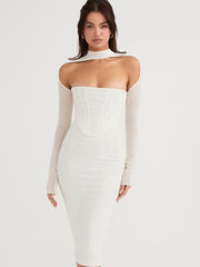 White Long Sleeve Mesh Corset Cocktail Midi Dress