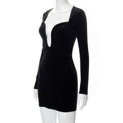 Black Velvet Mini Dress With Long Sleeves