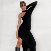Elegant Side Slit Hem Knitted Evening Party Dress Sexy Solid Color Halter One-Shoulder Long Sleeve Long Dress Fall Winter