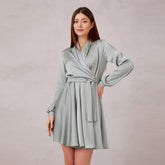 V-Neck Belt Satin Mini Dress Autumn Fashion Lantern Sleeve Comfort Night Club A-Line Party Dresses For