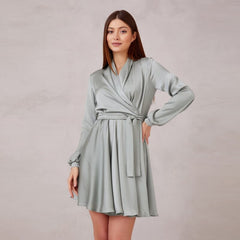V-Neck Belt Satin Mini Dress Autumn Fashion Lantern Sleeve Comfort Night Club A-Line Party Dresses For
