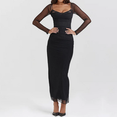 Black Mesh Long Sleeve Corseted Midi Dress