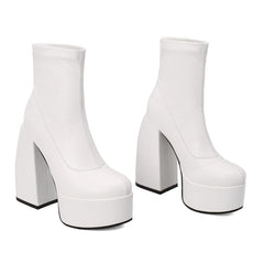 White Edgy Chunky Heeled Platform Boots