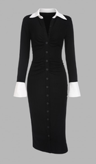 Black Ruched Button Up Slit Cuff Midi Dress