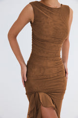 Brown Sleeveless Backless Ruffle Midi Dress