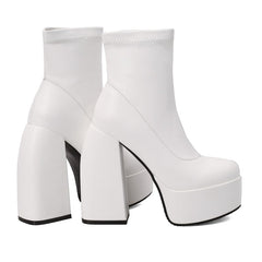 White Edgy Chunky Heeled Platform Boots