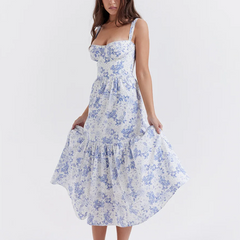 Blue Floral Layered Midi A-Line Dress