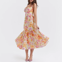Cream White Floral Layered Midi A-Line Dress