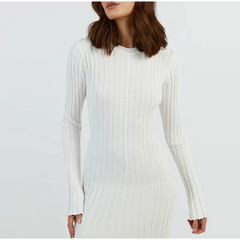 White Long Sleeve Knit Midi Dress