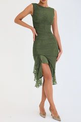Green Sleeveless Backless Ruffle Midi Dress