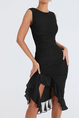 Black Sleeveless Backless Ruffle Midi Dress