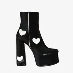 White Hearts Black Platform Boots