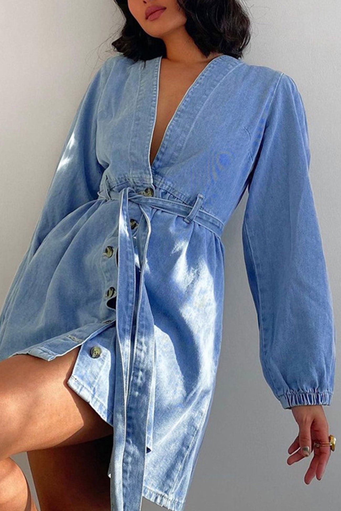 V Neck Button Front Lace Up Denim Dress – Godu Shop