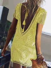 Solid Color Hollow Backless Short Sleeved Mini Dress