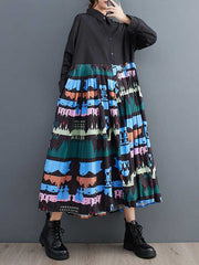 Buttoned Pleated Printed Split-Joint A-Line Long Sleeves Lapel Midi Dresses