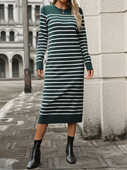 Split-Joint Striped Long Sleeves Loose Round-Neck Sweater Dresses Midi Dresses