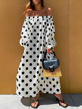 Elasticity Polka-Dot Split-Joint A-line Long Sleeves Off-the-shoulder Maxi Dresses