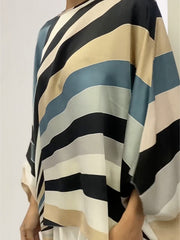 Colorful Striped Printed Batwing Sleeves Elegant Split-joint Shirt+Pants Sets