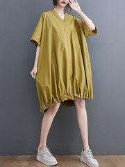 Solid Color Loose Short Sleeves V-neck Midi Dresses