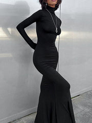 Solid Color Split-Joint Bodycon Long Sleeves High Neck Maxi Dresses