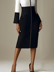 Contrast Color Split-Joint Zipper Long Sleeves Stand Collar Midi Dresses
