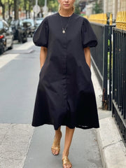 A-Line Loose Pleated Pockets Solid Color Round-Neck Midi Dresses