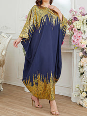 Contrast Color Printed Batwing Sleeves Long Sleeves Round-Neck Maxi Dresses