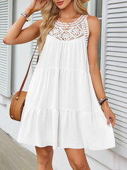 Hollow Pleated Solid Color Split-Joint Loose Sleeveless Round-Neck Mini Dresses