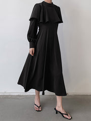 Ruffle Trim Solid Color Tied Waist A-Line Long Sleeves Mock Neck Midi Dresses