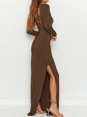 Backless Hollow Solid Color Split-Side Bodycon Long Sleeves Round-Neck Maxi Dresses