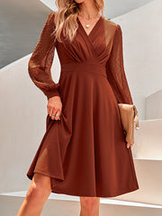 Gauze Pleated Split-Joint A-line Long Sleeves V-neck Midi Dresses