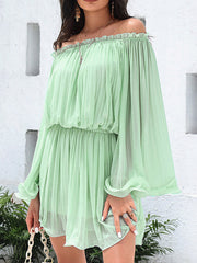 Solid Color Flared Sleeves Off-The-Shoulder Mini Dress