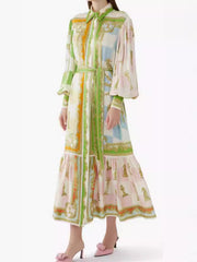 Flower Printed Patchwork Long Sleeves Elegant Maxi Dresses