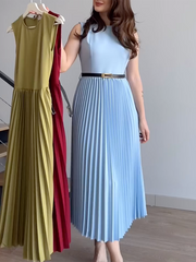 Sleeveless Pleated Solid Color Round-Neck Midi Dresses