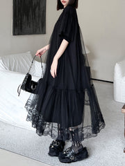 Gauze Pleated Solid Color Split-Joint Tiered Fake Two-Piece Loose Round-Neck Midi Dresses