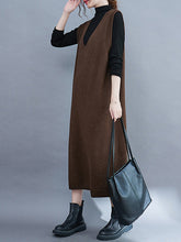 Vintage Solid Color Knitting V-Neck Sleeveless Sweater Dress