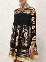 A-Line Long Sleeves Bronzing Printed Split-Joint Mock Neck Mini Dresses