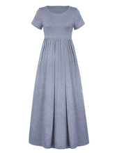 Pleated Pockets Solid Color Split-Joint High Waisted Short Sleeves Round-Neck Maxi Dresses