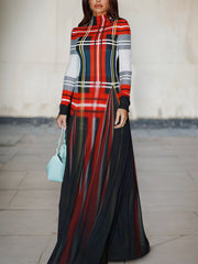 Long Sleeves Contrast Color Pleated Mock Neck Maxi Dresses