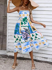 Pleated Printed Split-Joint High Waisted Sleeveless Collarless Slip Dress Midi Dresses