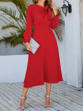 Asymmetric Bowknot Elasticity Solid Color A-Line Long Sleeves Round-Neck Midi Dresses