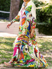 Asymmetric Printed Split-Joint Long Sleeves Loose Lapel Shirt Dress Maxi Dresses