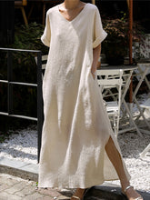 Hollow Solid Color Split-Side Tied Waist A-Line Loose V-Neck Midi Dresses