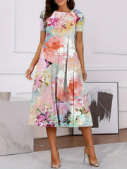 Flower Print Pockets A-Line Loose Round-Neck Midi Dresses